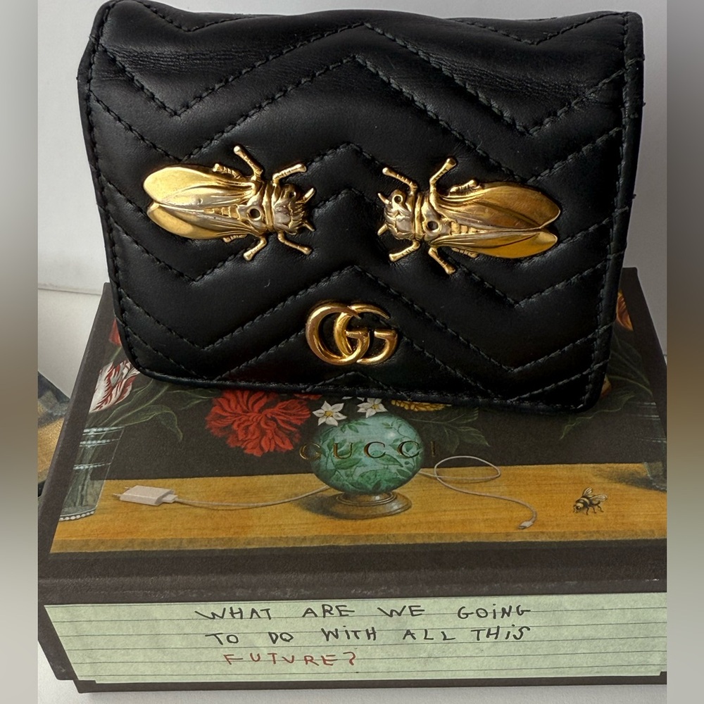 Gucci Calfskin Matelasse Cicada Stud GG Marmont Card Case Wallet Black